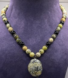 Carved Asian Onyx And Agate Necklace With Sterling Silver Clasp