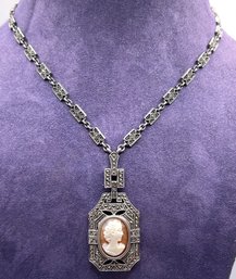 Stunning Sterling Silver Marcasite Cameo Necklace