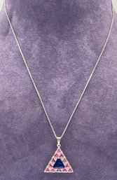 Beautiful Sterling Silver Trillion Cut Synthetic Ruby Diamond & Sapphire Pendant On Box Chain