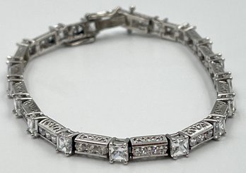 Fancy Sterling Silver Tennis Bracelet With Princess And Round Crystals