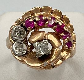 Stunning Retro Pink Gold Diamond And Ruby Ring