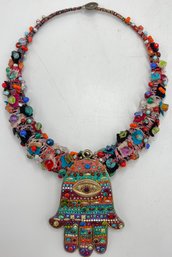 Multi-Color Jeweled Hamsa Necklace With Beaded Chain