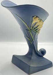 Roseville Art Pottery Freesia Blue Cornucopia Vase 198-8