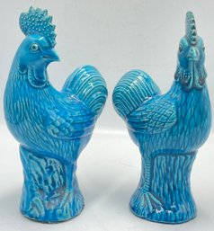 Pair Of Antique Chinese Export Porcelain Turquoise Glazed Rooster (Cockerel)