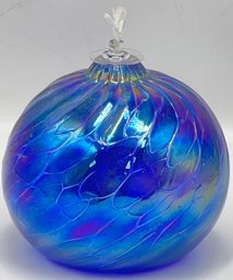 Blue Iridescent Art Glass Oil Lamp Artist Signed