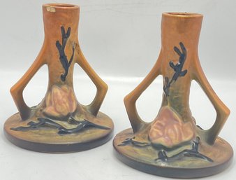 Pair Of Roseville Magnolia Candlesticks 1157-4 1/2