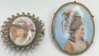 Lot Of 2 Portrait Scenic Brooches