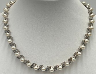 Vintage Designer Sterling Silver Marcasite & Pearl Choker Necklace