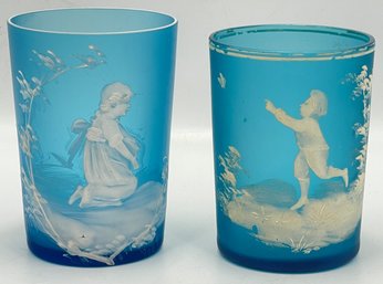 Lot Of Two Blue Mary Gregory Glasses