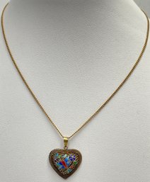 Vintage Asian Gilt Sterling Silver Enamel Heart Pendant Necklace