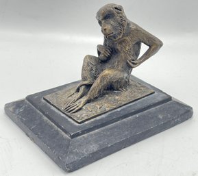 Victorian Miniature Bronze Monkey On Black Marble Plinth