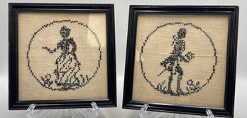 Vintage Pair Of Hand Done Needlepoints Under Glass