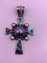 Large Sterling Silver Abalone And Pearl Cross