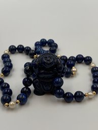 Wonderful Carved Lapis And Pearl 14kt Gold Necklace