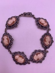 Vintage Shell Cameo Sterling Silver Marcasite Bracelet