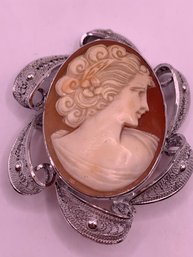 Vintage Filigree Shell Cameo Brooch Pin