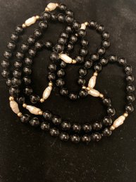 Classic 14k Gold Bead Freshwater Pearl & Black Onyx Infinity Necklace