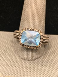 Lovely Sterling Silver & 14k Gold Diamond & Blue Topaz Ring Size 11