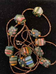 Vintage Millefiori Chunk Necklace With Bronze Beads