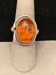 Lovely Sterling Silver & Amber Ring Size 6.5