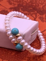 14kt Gold Pearl And Turquoise Bracelet