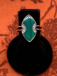 Cool Mid Century Malachite And Diamond 14kt Gold Ring