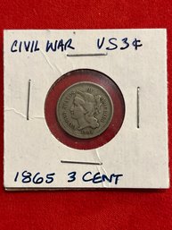 1865 Cilvil War US 3 Cent Piece