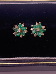 Genuine Emerald And Diamond 14 Kt Gold Earrings