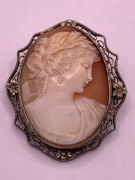 Antique Sterling Filigree Hand Carved Cameo Brooch