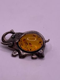 Cute Sterling Silver And Amber Elephant Brooch