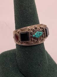 Vintage Turquoise Onyx And Carnelian Sterling Ring