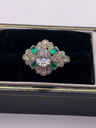 Beautiful Deco Faux Diamond And Emerald Sterling Ring