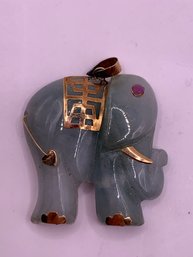 Genuine Jade 14kt Gold Elephant  Ruby Eye Pendant