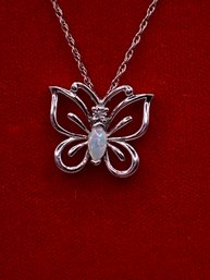 Sweet Sterling Silver Opal Diamond Butterfly Necklace