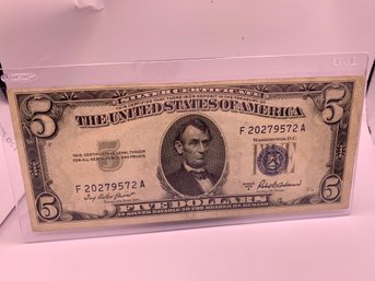 1953 Silver Certificate 5 Dollar Bill With Plastic Sleeve