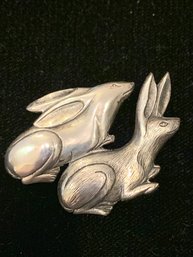 Vintage Signed Sterling Silver Bunnies Brooch