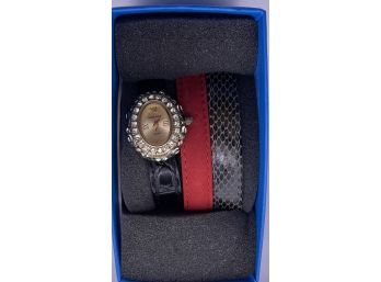 Heidi Daus Crystal Watch With Three Leather Bands In OriginalBox