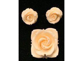 Beautiful Vintage Hand Carved Rose Brooch And Earrings