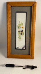 Vintage Souvenir Costa Rica TOUCAN Folk Art Painting On A Feather Signed Framed