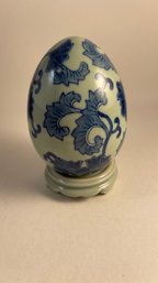 Ceramic Blue And Celedon Floral Decorative Egg With Stand