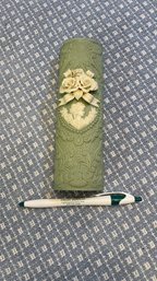 Applied Cameo Roses Pocket Vase Embossed Leaves Geen Jasperware