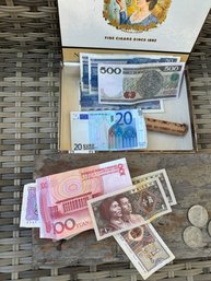 Vintage Cigar Box Filled With Foreign Currency