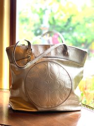 Metallic Gold Retro Pebbled Leather Signature Tote Bag