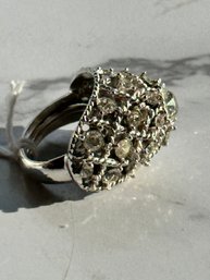 Mid-Century Clear Rhinestone Ring, US Size 5 1/2 Adjustable, Rhodium Plate,