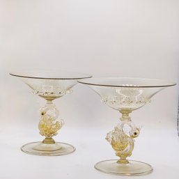 Vintage Murano Venetian Hand Blown Yellow Fish Glass Martini Sorbet Glassess