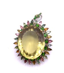 Vintage Citrine, Emerald, Amethyst Sterling Necklace Pendant/Brooch