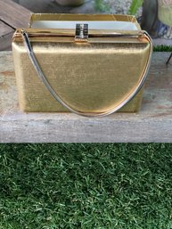 Vintage 1950's Volupte Gold Hard Shell Purse Rhinestone Clasp