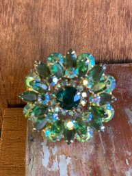 Vintage Green And AB Glass Czech Crystals Brooch