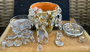 Vintage Decoupage Pot Filled With Chandelier Crystals & Vintage Crystal Name Plate Holders