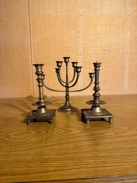 Vintage Brass Candelabra And Candle Sticks